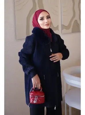 İmaj Butik Lacivert Soft Kürk Yakalı Angora Triko Hırka