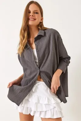 Bianco Lucci Kadın Füme Düşük Omuz Oversize Basic Bürümcük Gömlek 60392 60271069