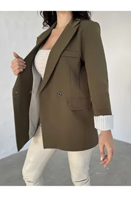 MYGİYİMİSTANBUL Blazer Ceket Kadın-Düğme Detay Çizgili İç Astar Blazer Ceket