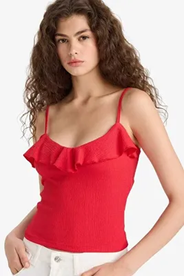 DeFacto Slim Fit Dar Kesim Fırfırlı Yaka Askılı Kırmızı Atlet F6330AX25HS