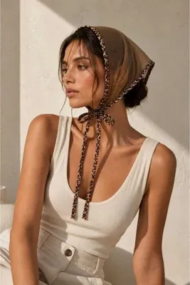 Handmade Betty Bands Kadın Kahverengi File Tül Bandana Leopar Biyeli Üçgen Bağcıklı Saç Aksesuarı Fular Şal