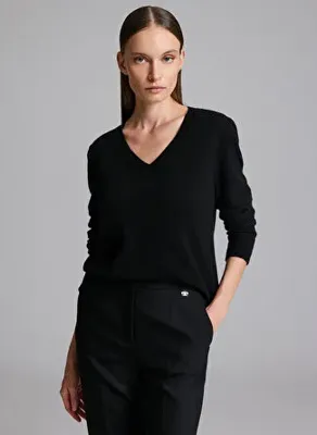 Pierre Cardin LESU-V Siyah Kadın V Yaka Regular Fit Kazak
