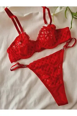 Demirsa Boutique Yılbaşı Renkli Kırmızı Dantelli Bralet Sütyen Takım