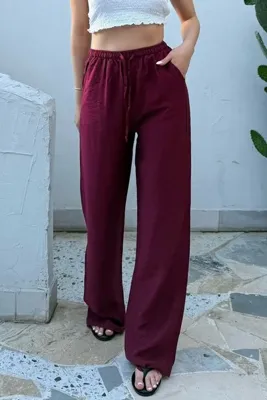 la & vetta Bordo Keten Karışımlı Bol Kesim Pantolon