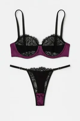 Tendy Pure Underwear Siyah Julıa Dantel & Mor Saten Balenli Desteksiz Sütyen ve Ayarlanabilir Tanga Takımı