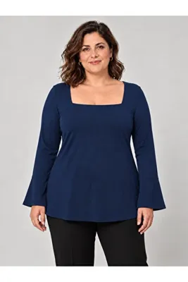 Curvy Trend Büyük Beden Kare Yaka Volan Kollu Bluz
