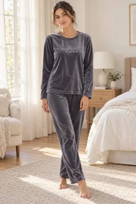 MODA MİLA Kadın Fransız Kadife Kumaş Love Baskılı Bisiklet Yaka Uzun Kollu Pijama Takımı – Antrasit