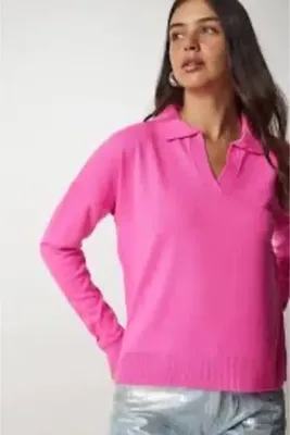 BEŞİR GİYİM Kadın neon Pembe Polo Yaka Basıc Kazak