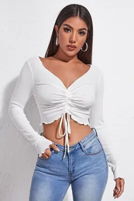 Imoda Kadın Beyaz Uzun Kollu Büzdürme Bağcık Detaylı Crop Top Bluz