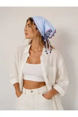 Handmade Betty Bands Açık Mavi Üçgen Bandana Fisto Detaylı Bağlamalı Fular Eşarp Kemer Saç Bandanası Bohem Yazlık Kadın Saç Aksesuarı