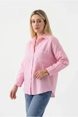 ECOTİQUE Kadın Toz Pembe Keten Gömlek %100 Gerçek Keten Basic Oversize Keten Cepli Uzun Kollu