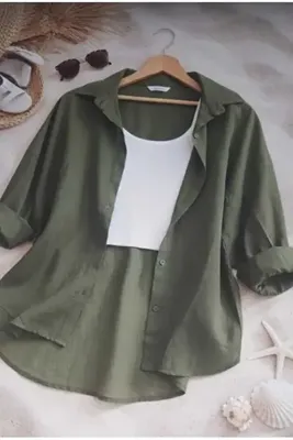 İnazuma Outdoors Kadın Keten Haki Gömlek Yazlık Oversize Gömlek Yeni Sezon