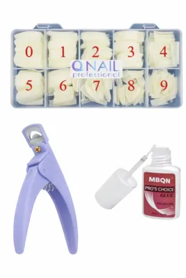 QNAİL PROFESSİONAL Protez Tırnak 500'LÜ Kemik Tips -Tips Makası ve Yapıştırıcı Mxbon - 3'lü Set