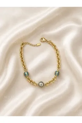 BYT STUDIO 14k Altın Kaplama Paslanmaz Çelik Üç Top Nazar Boncuklu Zirkon Taşlı Bileklik 17+3 cm Ayarlanabilir Kararmaz Antialerjik Gold Kadın Bileklik