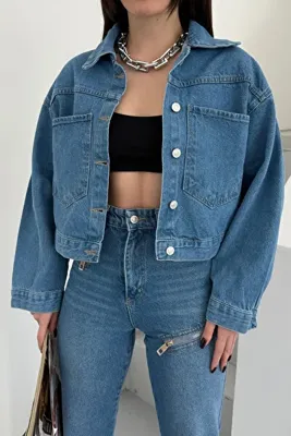 XRAY JEANS Kadın Jeans Oversize Cepli Kısa Mavi Kot Ceket