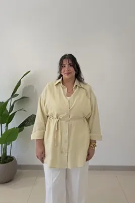 CHUL Büyük Beden Kadın İnce Gabardin Keten Kemerli Oversize Gömlek - Tereyağ Sarısı