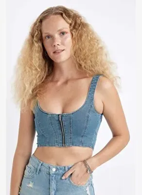 Defacto Kalın Askılı Fermuarlı Crop Korse Jean Bluz