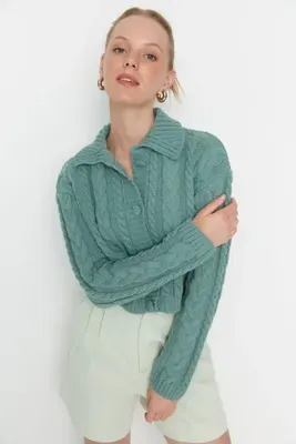 TRENDYOLMİLLA Mint Kaplama Düğme Detaylı Crop Polo Yaka Triko Hırka TWOAW22HI0448