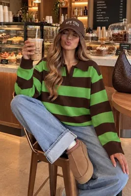 NİLZA New York Kadın Yağ Yeşili Kahverengi Çizgili Oversize Polo Yaka Triko Kazak