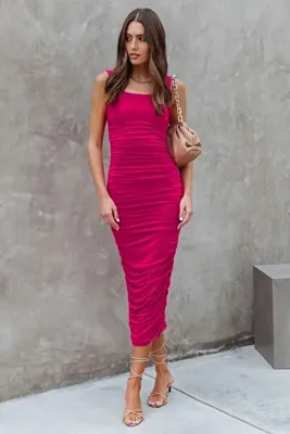 Madmext Fuşya Büzgülü Kalem Model Askılı Elbise Mg1732