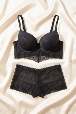 PIRLANTA Siyah Dantelli Şortlu Sütyen Takım - Destekli Push Up Sabit Kap Bralette & Düşük Bel Hipster Boxer Külot İkili Takım