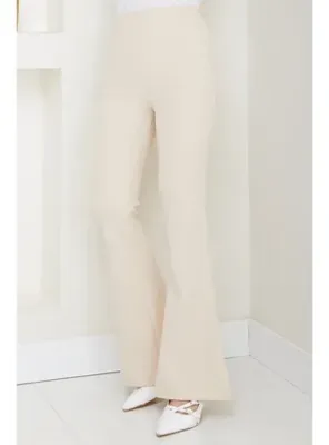 hafsamina Beli Lastikli İspanyol Paça Kumaş Pantolon Bej HM2781