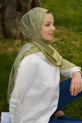 Madame Polo Elegance Etnik Desen Jakar Şal - Yağ Yeşili