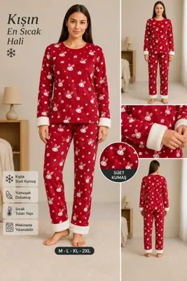 MiŞa adella Kadın Peluş Detaylı Süet Pijama Takımı Yumuşak Dokulu Kışlık Pijama Takımı