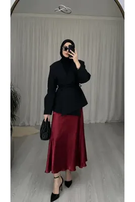 VERYMODA Kraşlı Saten Etek - Bordo | F1915 - Bordo