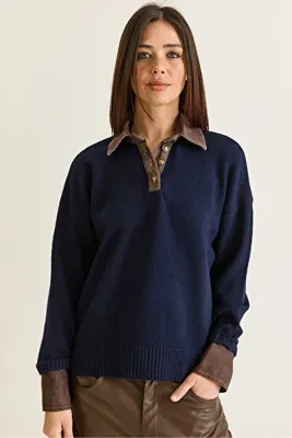 Bianco Lucci Kadın Lacivert Denim Garnili Polo Yaka Düğme Detaylı Oversize Triko Kazak TK251099 60286683
