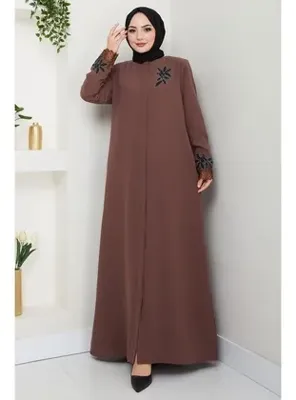 hafsamina Büyük Beden Dantel Taş İşleme Detaylı Ferace Taba HM2029