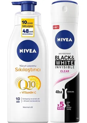 Rafta Nıvea Kadın Sprey Deodorant Black&white Clear 150ML, Q10 Sıkılaştırıcı ve Nemlendirici Vücut Losyonu 400ML
