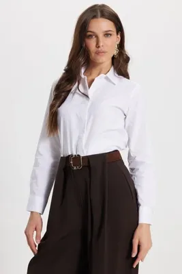 Tudors Kadın Slim Fit Dar Kesim %100 Pamuk Spor Yaka Gizli Pat Leke Tutmaz Düz Oxford Beyaz Gömlek