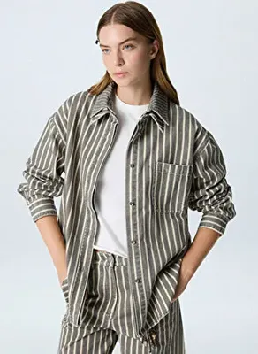 Twist Gri Kadın Oversize Çizgili Gömlek Ceket TW6260148023005