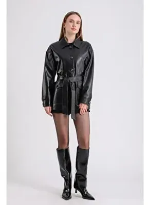 Maroquin Leather Clara Kadın Siyah Deri Mont
