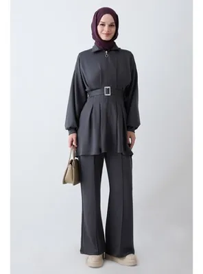 InStyle Pileli Kemerli Antrasit İkili Takım