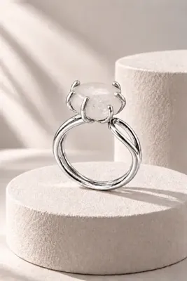 Esoo Jewelry Kar Kuvarsı Taşlı 925 Ayar Gümüş Ayarlanabilir Kadın Yüzük - El Yapımı Doğal Taş