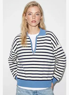 Shade Kadın Polo Yaka Fermuarlı Çizgili Oversize Triko Kazak 2757 60286481 - Lacivert-Mavi