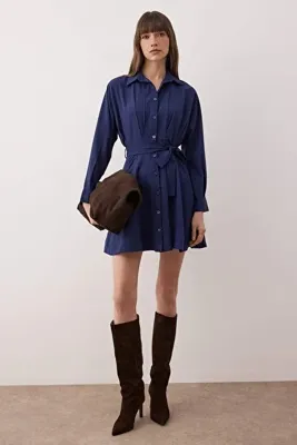 TRENDYOLMİLLA Lacivert Kuşaklı Mini Dokuma Gömlek Elbise TWOAW25EL00154