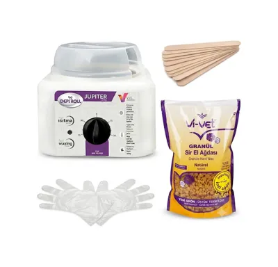 Depi Roll Jupiter Ağda Makinesi + Vi-Vet Granül Naturel Ağda 1 KG + Spatula 5'li + Eldiven