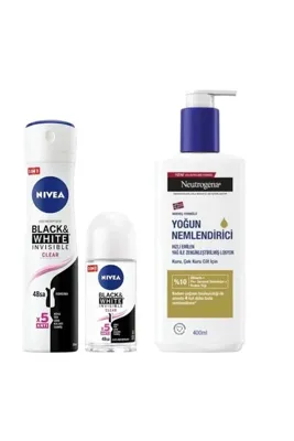 Neutrogena Yağ ile Zenginleştirilmiş Losyon 400 ml + NiveaBlack&White Clear Deo 150 Ml+Mini Roll-On 25 Ml Set