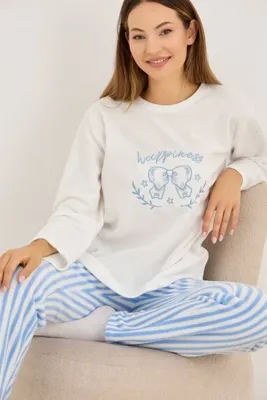 Siyah İnci beyaz mavi çizgili fiyonk Nakışlı Polar Kışlık Örme Pijama Takım