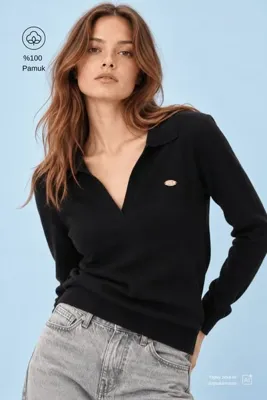 UCLA IRENE Siyah Polo Yaka Triko Metal Logolu Standard Fit Kadın Triko
