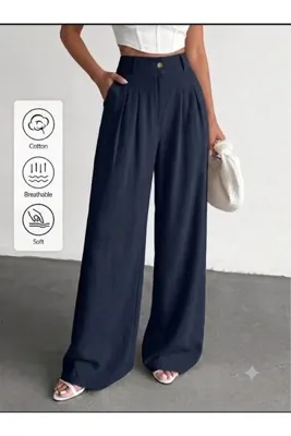tuzu moda BÜYÜK BEDEN FLOTOLU KETEN PANTOLON ARKA YARIM LASTİK FLOTOLU PANTOLON