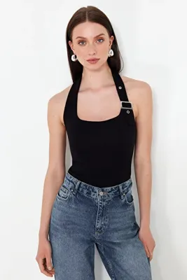 TRENDYOLMİLLA Siyah Boyundan Bağlamalı Kemer Detaylı Fitted/Vücuda Oturan Örme Bluz TWOSS24BZ00580