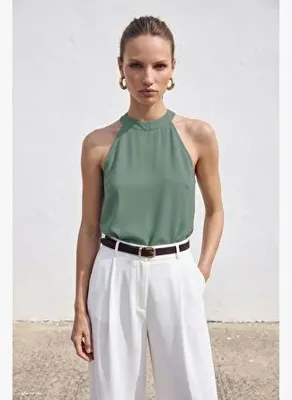 Sateen Halter Yaka Bluz - Mint