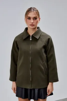 Bolivente Haki Oversize Fermuarlı Kaşe Ceket