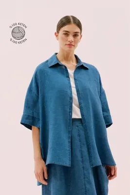 Roman Oversize Kısa Kol Keten Gömlek İndigo Y2513515_043