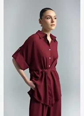 Sateen Beli Bağlamalı Kimono Gömlek - Bordo