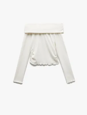 Koton Omzu Açık Slim Fit Viskon Karışımlı Kaşkorse Uzun Kollu Tişört